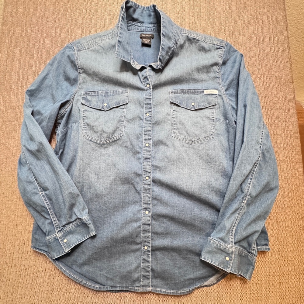 Calvin Klein Jeans Womens XXL Blue Denim Pearl Snap Long Sleeve Western Shirt